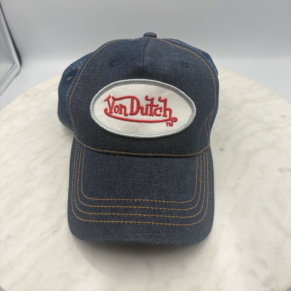 Vtg Von Dutch Trucker Hat Original Denim Red White Oval Patch SnapBack Y2K